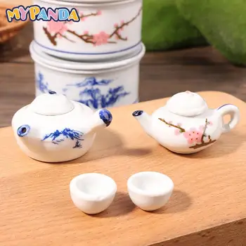 1 Takım Dollhouse Minyatür Seramik çay seti su ısıtıcısı fincan çay deniz Rüzgar Fırın Çocuklar Oyuncak Oyna Pretend Bebek Evi Aksesuarları