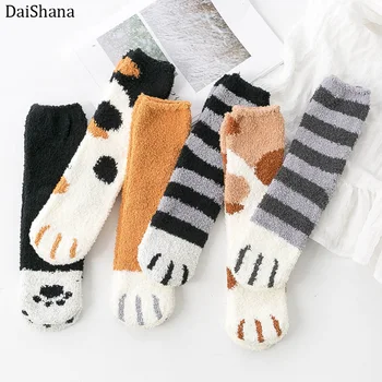 1 Çift Harajuku Moda komik çoraplar Sonbahar Kış Çorap Kedi Pençeleri Sevimli Kalın Sıcak Uyku Kat Çorap Peluş Mercan Polar Çorap