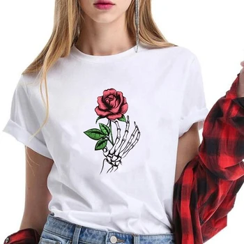 2019 Yeni Moda Yaz Kadın kısa tişört Gül İskelet El T-Shirt