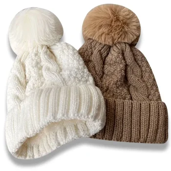 2023 Kış kadın Büküm Örme Şapka erkek Kürk Ponpon Kalın peluş Kap Bere Düz Renk Bayanlar Sıcak Kayak Kar Skullies Beanies