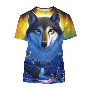 2023 Moda erkek Rahat Kısa Kollu Yuvarlak Yaka 3d Baskılı Hayvan Kurt T Shirt