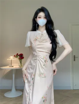 2023 Yeni Pembe lotus Çiçek Cheongsam Qipao Kadın yaz elbisesi Parti Kostüm Çin Tarzı Vintage Elbiseler Yüksek Moda
