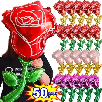 50/5 adet Mini Gül Çiçek Balonlar Altın Yapraklar Güller Çiçekler Alüminyum Folyo Balon sevgililer Günü Düğün Doğum Günü Partisi Dekoru