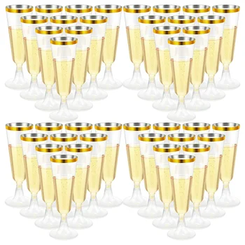 70/50 5.5 OZ Plastik Altın Çerçeveli şampanya flüt kadehler, Temizle Sert Tek Kullanımlık Parti ve Düğün Bardak Premium Fantezi Şampanya Flüt kadehler