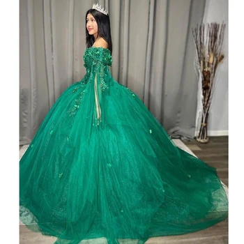 ANGELSBRIDEP Zümrüt Yeşil Quinceanera Elbiseler 15 Parti 3D Çiçek Dantel Aplike Boncuk Pelerin Resmi Doğum Günü Prenses Abiye
