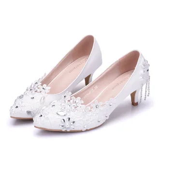 Bahar yeni inci taklidi dantel çiçek gelin düğün ayakkabı stiletto düşük topuk büyük boy ziyafet elbise tek ayakkabı kadın