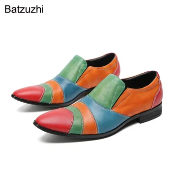 Batzuzhi Lüks İtalyan Tipi erkek ayakkabıları üzerinde Kayma Bölünmüş Renk Resmi Hakiki Deri Elbise Ayakkabı Erkekler İş / parti ayakkabıları Erkekler!