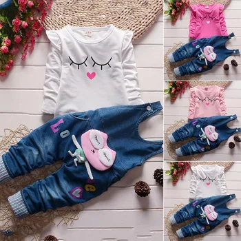 Bebek Kız Bahar Sonbahar giyim Seti Yürüyor Çocuk Karikatür Rahat Uzun Kollu T-shirt + Jartiyer Pantolon Takım Elbise Küçük Kız Giysileri