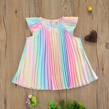 Bebek Kız Uçan Kollu yaz elbisesi Gökkuşağı Desen Baskı Gevşek A-line Tatlı Tarzı yaz elbisesi es Kız Giyim