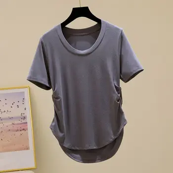 Büyük boy T-shirt Kadın Moda Pilili Tasarım T Shirt Düzensiz Gevşek Kısa Kollu Üstleri Bahar Yaz Trendi Düz T Shirt Y2k