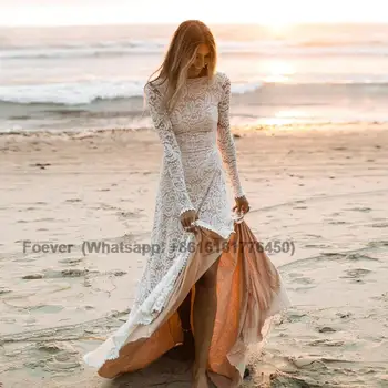 Dantel Boho düğün elbisesi Kadınlar için 2023 Uzun Kollu Yan Yarık Backless Plaj Gelin Elbiseler gelinlikler Vestido De Noiva