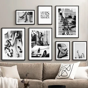 Duvar sanatı tuval yağlıboya Moda Kız Yüksek Topuk Ayakkabı Siyah Beyaz İskandinav Posterler Ve Baskılar Duvar Resimleri Için Oturma Odası Dekor
