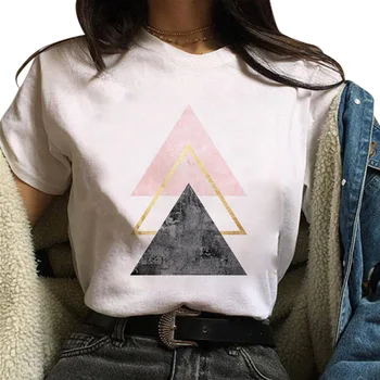 E25 Güzel geometri baskılı grafik tişört Üstleri Tee Sevimli Kısa Kollu Kadın T Shirt