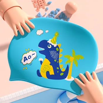 Esnek Silikon Çocuk Yüzme Kap Su Geçirmez Ücretsiz Boyutu Banyo Kapaklar kulak koruyucu Dinozor Desen yüzme havuzu Şapka Kapak Çocuklar