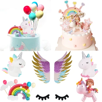 Gökkuşağı ünikorn Kanatları Kız Doğum Günü Pastası Toppers Kek Dekorasyon Unicorn Doğum Günü Pastası Topper Bayrağı Bebek Duş Parti Malzemeleri