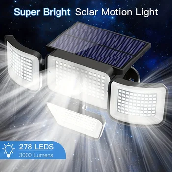 Güneş dış mekan ışıkları 278LED 3000 lümen IP65 su geçirmez hareket sensörü güvenlik ışıkları 3 aydınlatma modları güneş duvar lambası bahçe için