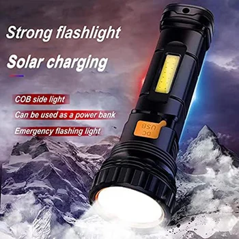 Güneş/şarj edilebilir çok fonksiyonlu LED el feneri,su geçirmez,acil flaş ışığı ile, USB şarj kablosu, hızlı şarj dayanıklı
