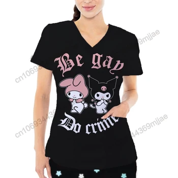 Hemşire üniforması Grafik Tees Disney kadın T - Shirt Kadınlar için Yaz 2023 V Yaka Cep Üstleri Y2k Tarzı Kore Tarzı Giysiler Kpop