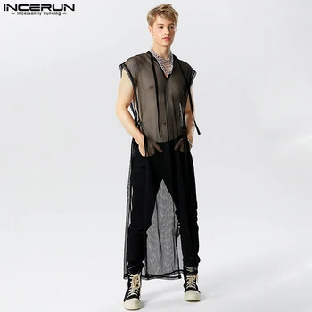 INCERUN Erkekler Tankı Üstleri Örgü Şeffaf V Boyun Kolsuz Lace Up Uzun Tarzı Yelek Streetwear 2023 Moda Erkek Giyim S-5XL
