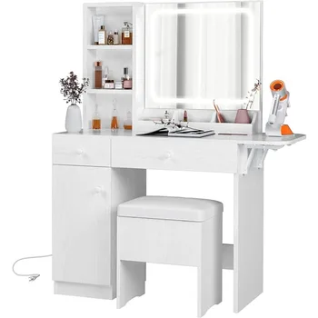 IRONCK Makyaj Masası LED ışıklı Ayna ve Güç Çıkışı, makyaj masası Çekmeceli ve Dolaplı, depolamalı tabure, Yatak Odası için, Beyaz