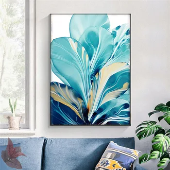 Iskandinav Soyut Mavi Çiçek Yağlıboya Posteri Tuval Baskı Modern Ev Oturma Odası Dekoratif Sanat Duvar Cuadros Çerçevesiz