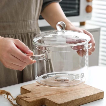 Isıya dayanıklı şeffaf Cam çorba lapası Pot 1.35 / 1.5 L Mikrodalga Yangın ısıtma camı kase mutfak Pişirme Araçları Sıcak