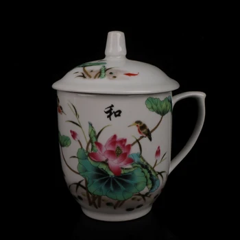 Jingdezhen Pembe Lotus Çiçek ve Kuş Desen Çay Bardağı Antika Porselen Dekorasyon