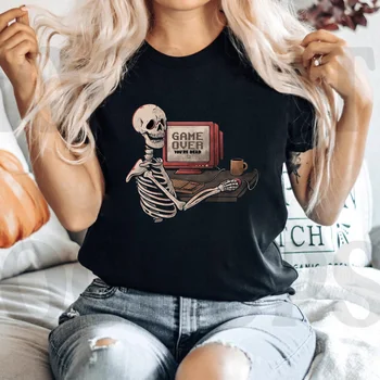 Kadın Yeni Cadılar Bayramı Yeni Yaz Giyim Kafatası Baskı Desen siyah tişört Moda Kısa Kollu Rahat Çok Yönlü Temel tişört