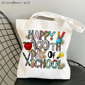 Kadın alışveriş çantası Mutlu 100th Günü Okul Leopar çanta Harajuku Tuval öğretmen Malzemeleri Çanta çanta Tote Omuz Bayan Çantası