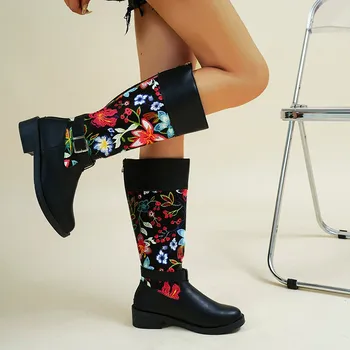 Kadınlar için Ayakkabı 2023 Yüksek Kaliteli Geri Zip bayan Botları Moda Baskı günlük çizmeler Kadın Sıcak Satış Yuvarlak Ayak Orta Buzağı Çizmeler