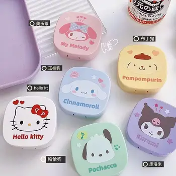 Kawaii Hello Kitty Kuromi Cinnamoroll Benim Melodi Kontakt lens Çantası Sevimli Karikatür Bakım Kutusu Taşınabilir Kontakt Lens Çantası Ayna ile