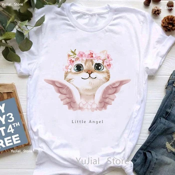 Küçük Melek Kedi Grafik baskı t-shirt Kızlar Yaz Moda Araba T Shirt Kadın Harajuku Gömlek Beyaz günlük t-Shirt Kadın