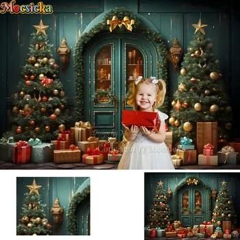 Kış Noel Mağaza Arka Plan Stüdyo Fotoğrafçılığı için Retro Yeşil Noel Ağacı Dükkanı Zemin Glitter Yıldız Hediyeler Dekorasyon Sahne