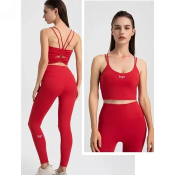LO Seksi Güzellik Tank Top Yoga Elbise Spor Sutyen Çıplak Yüksek Bel Kaldırma Kalça Koşu Fitness Pantolon Set