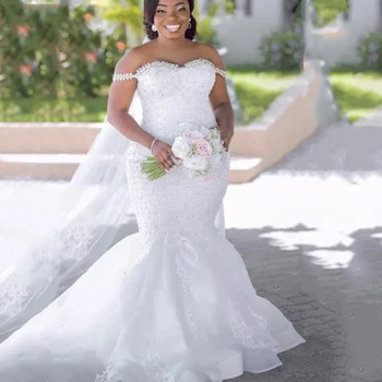 Lüks Beyaz Mermaid düğün elbisesi Afrika Kadınlar Evlilik Kapalı Omuz Boncuklu Sevgiliye Örgün Parti gelinlikler Tailore Yapımı