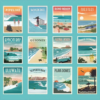 Meksika, Bali, Taghazout, Fas, Avustralya, Portekiz, Hawaii Fistral Plajı, Porto Riko, Cornwall Newquay Sörf Posteri Plajı