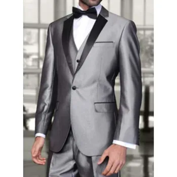 Moda Erkek Takım Elbise Slim Fit Düğün Damat Smokin Gümüş Çentik Yaka Bir Düğme Saten Erkek Takım Elbise Iş Rahat 3 Parça Blazer Seti