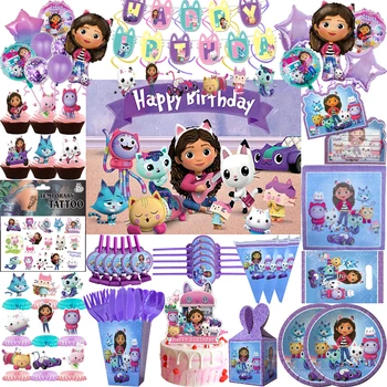 Mor Gabby Dollhouse Kız Doğum Günü Partisi Dekorasyon Malzemeleri Tek Kullanımlık Kağıt Sofra Balon Çocuklar İçin Parti Sürprizler Hediye