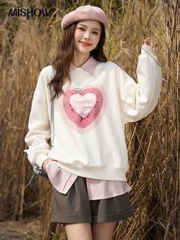 MİSHOW kadın Kalp Grafik Baskı Büyük Boy Kazak 2023 Sonbahar Moda Ekip Boyun Gevşek Casual Uzun Kollu Üstleri MXC45V0017