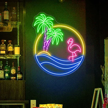 Neon palmiye ağacı işareti özel tropikal Flamingo gün batımı Neon ışık bira Bar oturma odası duvar asılı dekorasyon Led ışıkları lamba