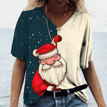 Noel Baba Baskı T Shirt Kadınlar İçin Noel Harajuku Giyim Moda V Yaka Kısa Kollu Üstleri Yeni Yıl Partisi Kadın T-Shirt