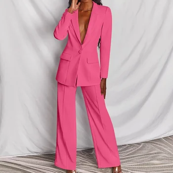 Ofis Bayanlar Moda Basit Blazer Düz Renk kadın Takım Elbise V Yaka Uzun Kollu + Pantolon 2 Parça Set Gevşek Eğlence Yaka