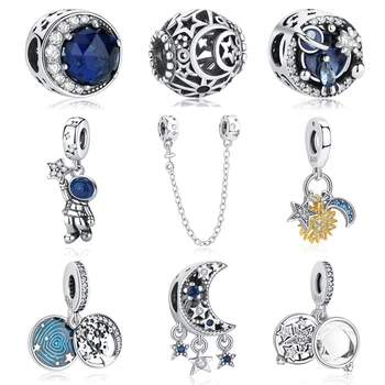Orijinal 925 Ayar Gümüş Takılar Yıldız Ay Spaceman Mavi kristal boncuklar Fit Pandora Bilezikler Kolye Kadınlar Dıy Takı