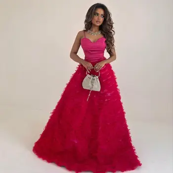 Pembe A-Line Zarif balo kıyafetleri Spagetti Sapanlar Akşam Elbise Kolsuz 2024 Suudi Arabistan kadın Resmi İstek Yeni V Boyun