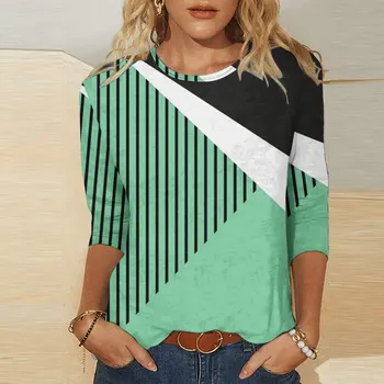 Rahat Gevşek Yuvarlak Boyun tişört Üst Moda Geometrik Baskı kadın 3 Çeyrek Kollu kadın T-Shirt 2024 Bahar