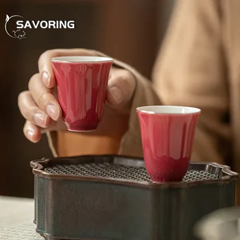 Rouge Kırmızı Boyalı Altın Ana Bardak El Yapımı Seramik çay bardağı Düz Renk Ev Küçük çay bardağı Tek Fincan Kung Fu çay seti Modern