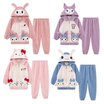 Sanrios Hellokittys Çocuk Sonbahar ve kışlık pijama Kuromi Cinnamoroll Kawaii Kız Kapşonlu Pijama Karikatür Gecelik Seti Hediye