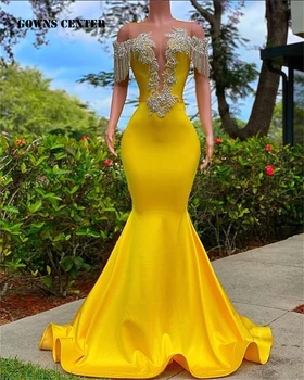 Sarı Mermaid Gümüş Püsküller Kristal Uzun Balo Elbise Mermaid 2024 Siyah Kızlar Afrika Glitter O Boyun Parti Kıyafeti robe de bal