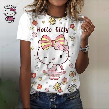 Tee Kadın T-shirt Yaz Kısa Kollu Baskı Elbise Grafik T Shirt Hello Kitty Baskı karikatür Giyim Moda Kadın Üst