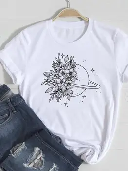 Uzay Çiçek Trend Sevimli Tatlı Kadın Rahat Moda Karikatür Yaz Giyim Grafik T Üst Bayan Baskı Tee Tişörtleri T-Shirt